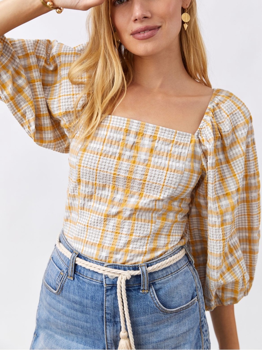 Maeve Plaid Square Neck Blouse with Smocked Back size XS